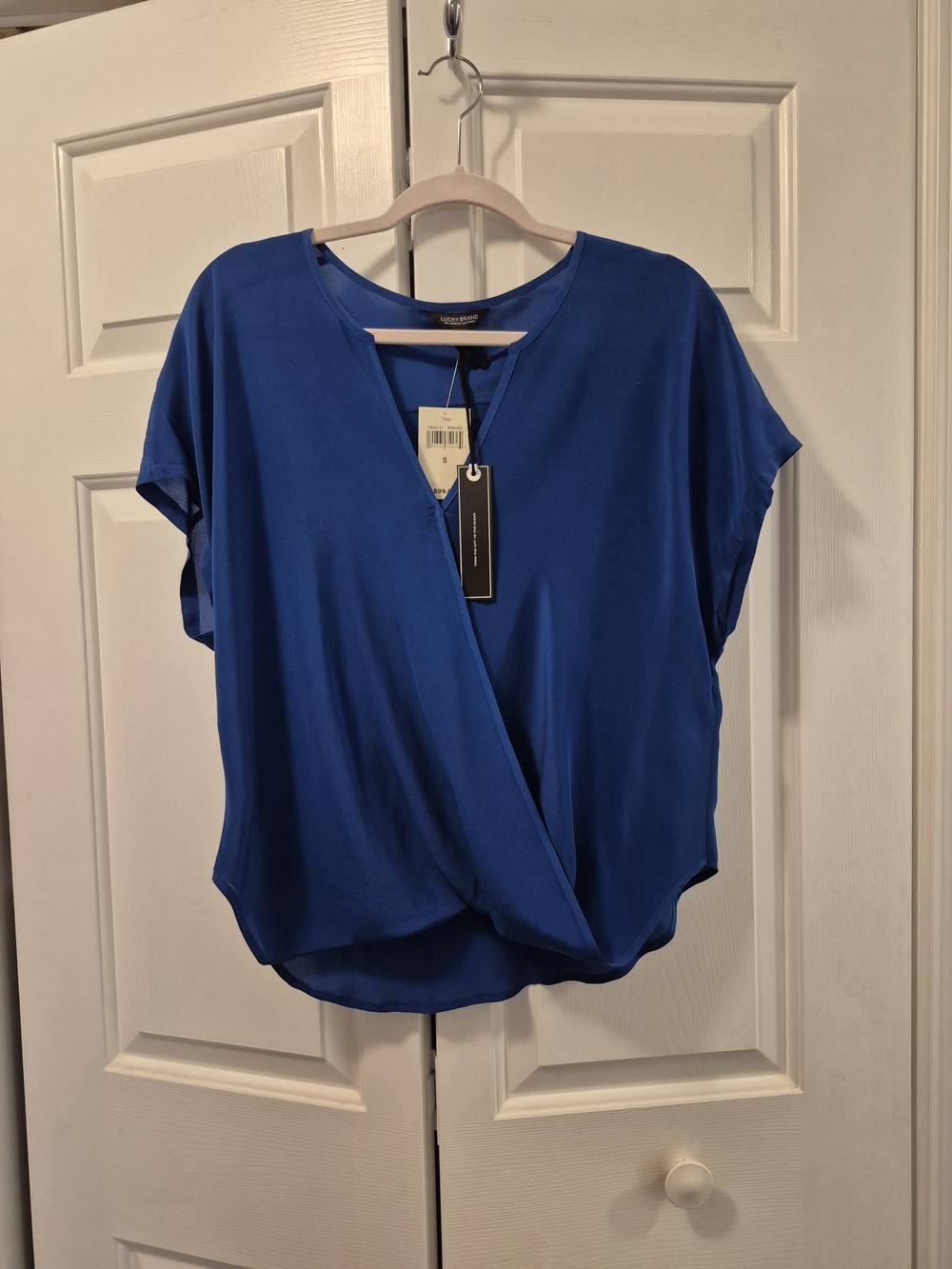 Lucky Brand Silk Cobalt Blue Short Sleeve Wrap Top, Sz S